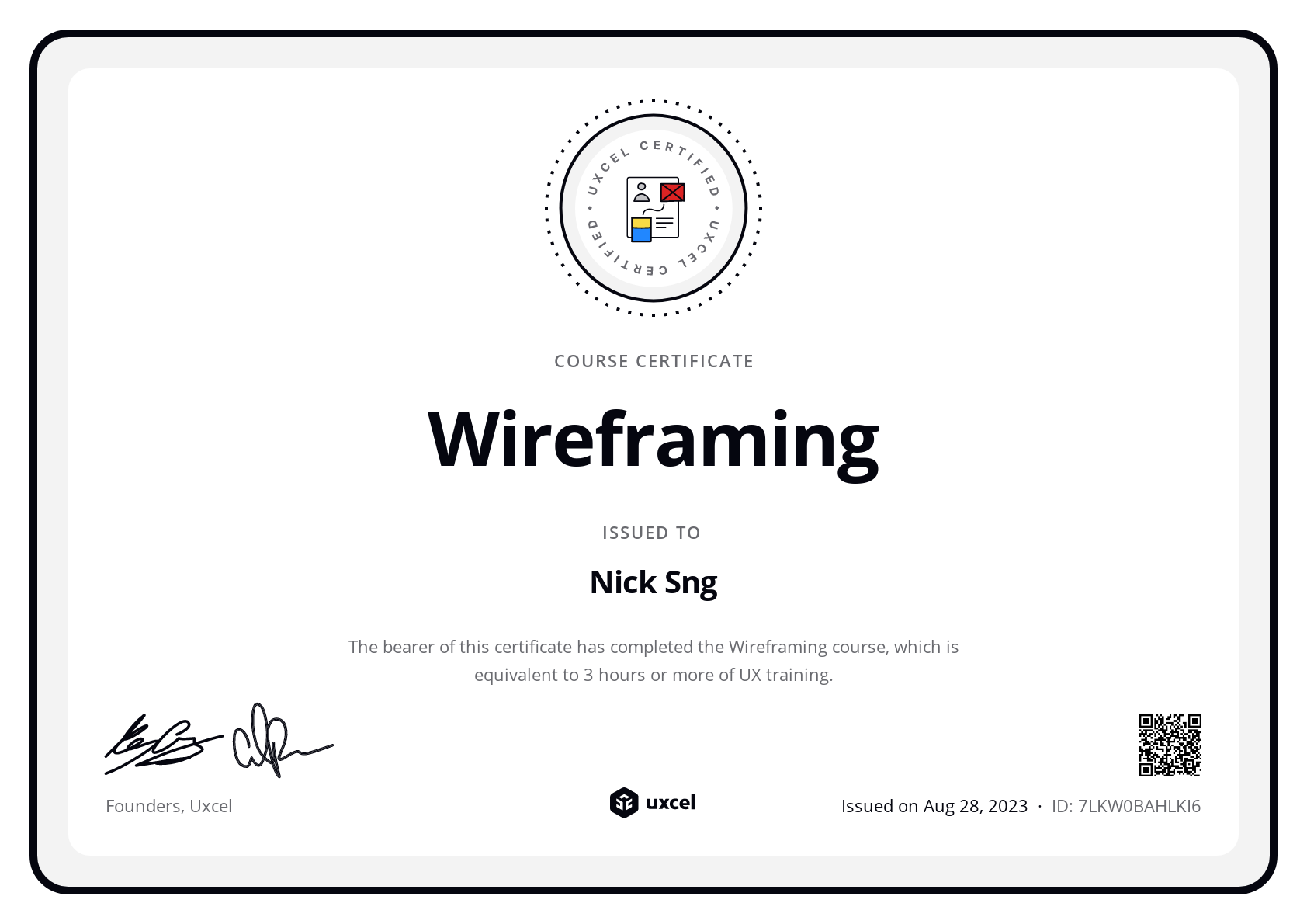 Nick Sng's certificate